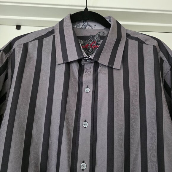 Robert Graham Shirt Mens XL Striped Long Sleeve Gray Black Paisley Flip Cuff - Picture 2 of 9